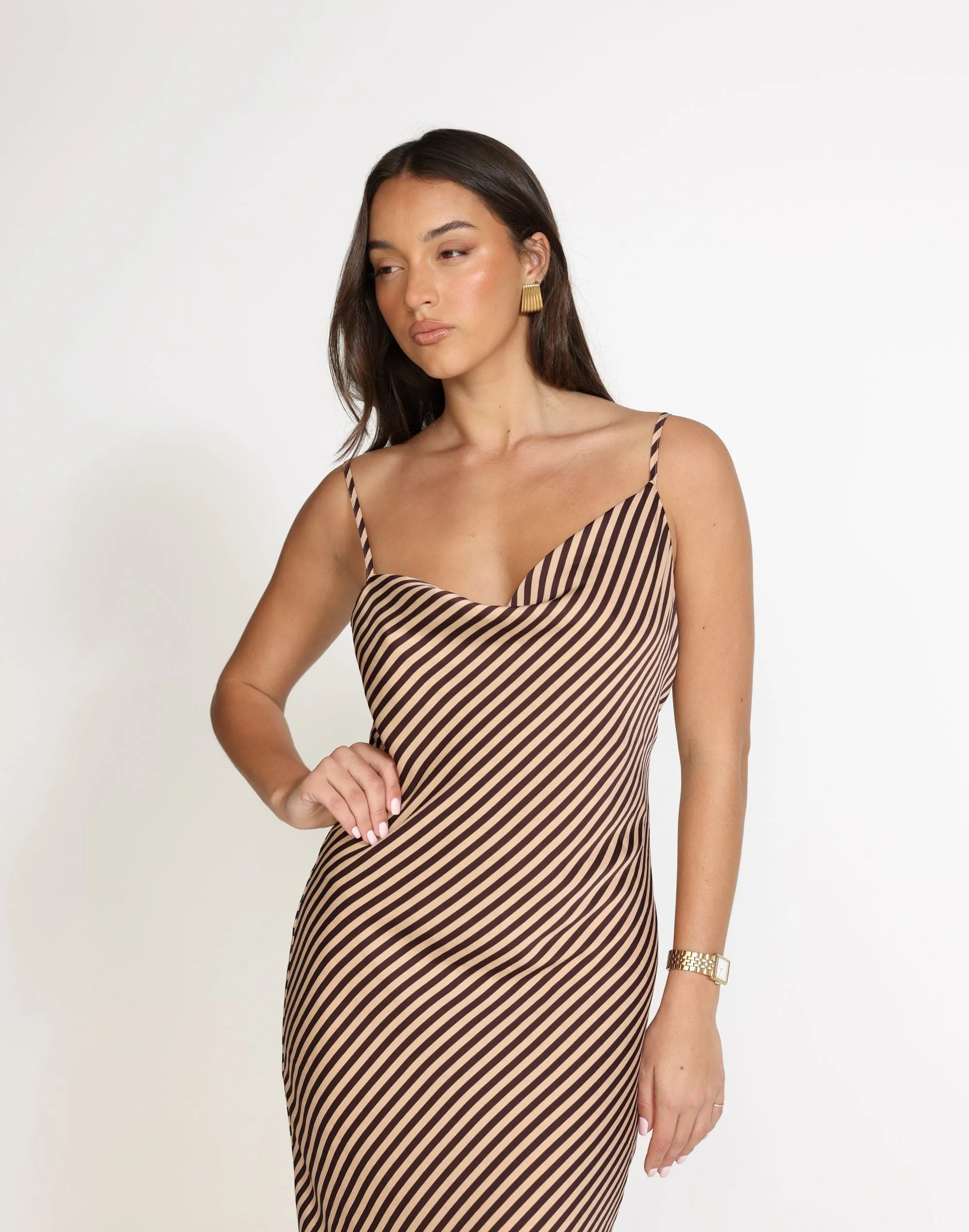 Nigella Maxi Dress (Caramel Pinstripe)