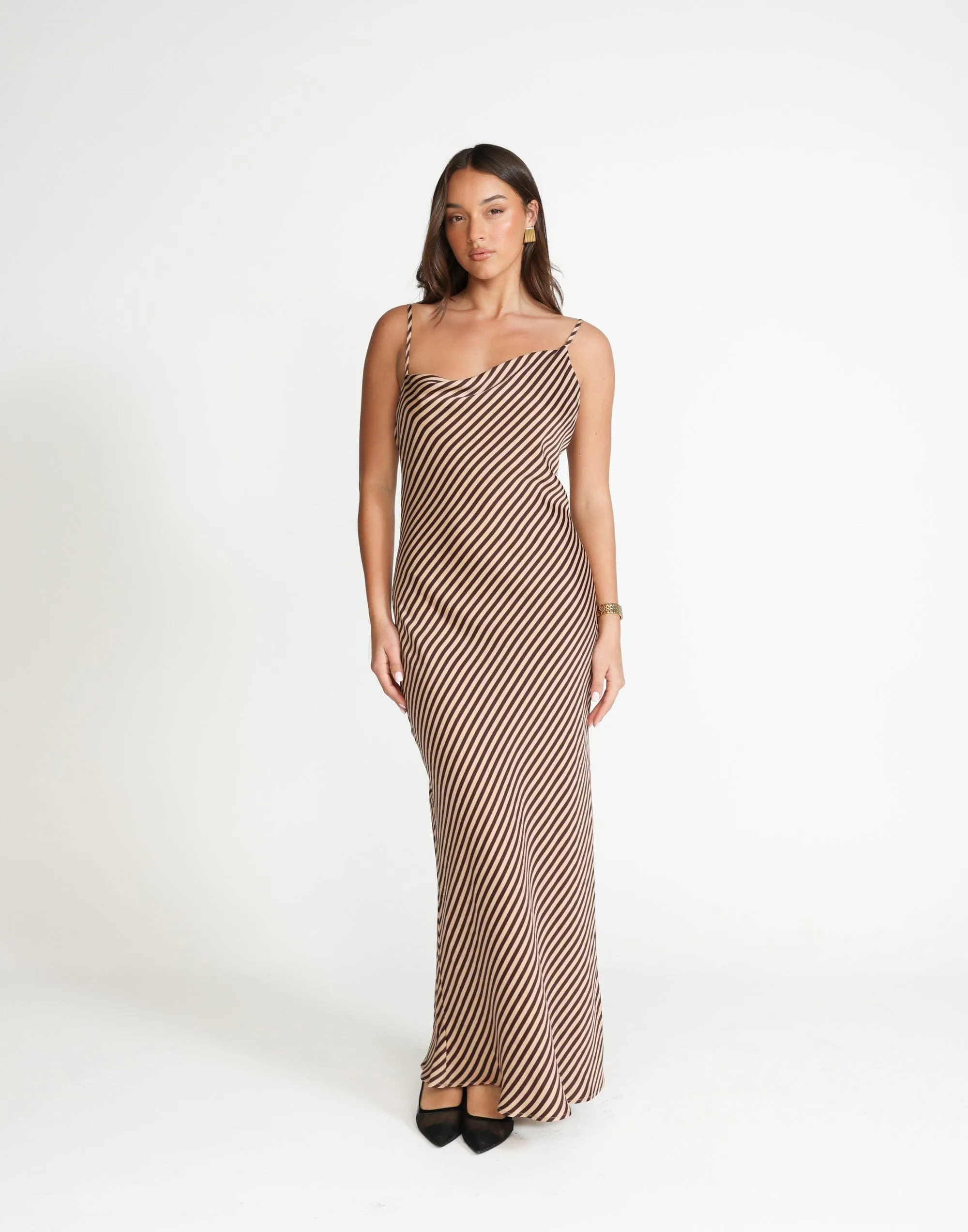 Nigella Maxi Dress (Caramel Pinstripe)
