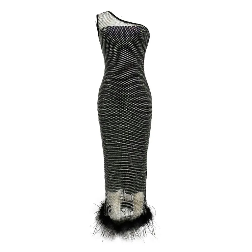 One Shoulder Fuzzy Trim Contrast Mesh Dress
