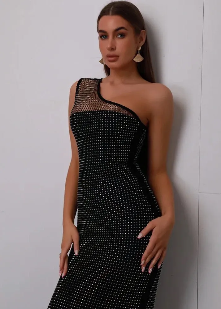 One Shoulder Fuzzy Trim Contrast Mesh Dress