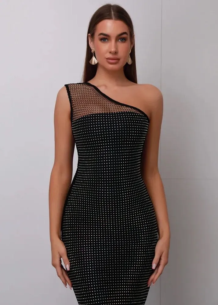 One Shoulder Fuzzy Trim Contrast Mesh Dress