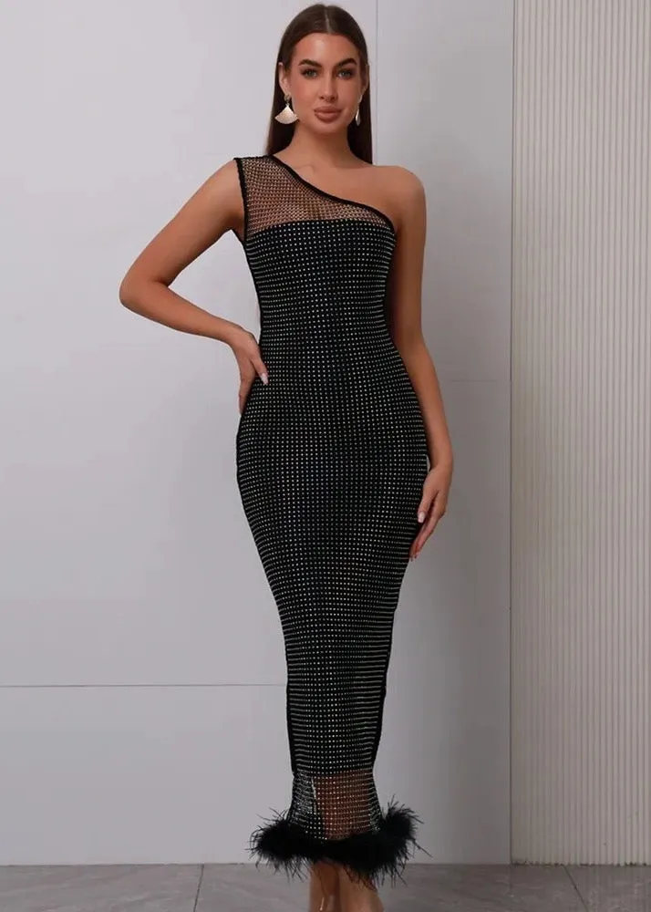 One Shoulder Fuzzy Trim Contrast Mesh Dress