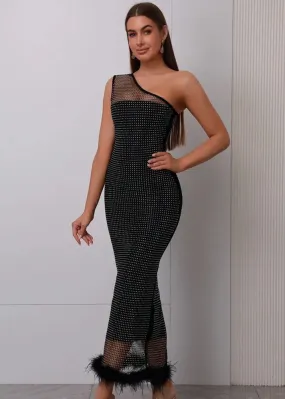 One Shoulder Fuzzy Trim Contrast Mesh Dress