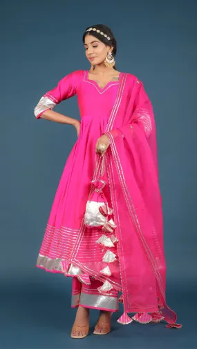 Pink Silk Lace Detailing Anarkali Suit Set with Organza Dupatta