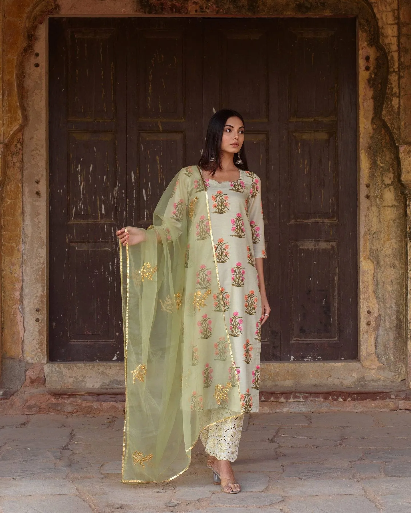 Pista Green Chanderi Printed Kurta Suit Set with Organza Dupatta