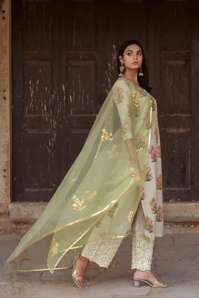 Pista Green Chanderi Printed Kurta Suit Set with Organza Dupatta