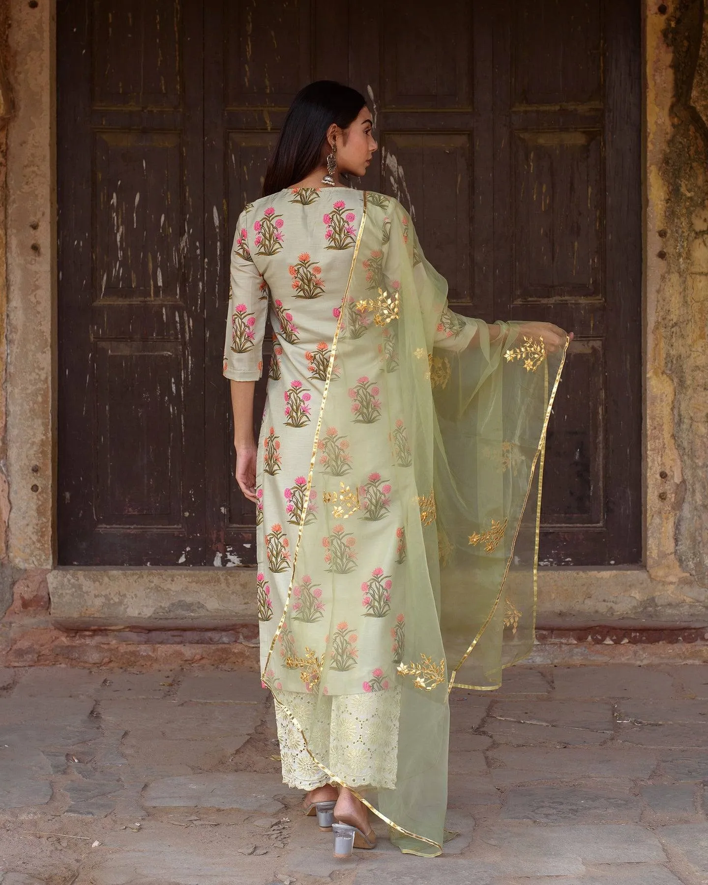 Pista Green Chanderi Printed Kurta Suit Set with Organza Dupatta