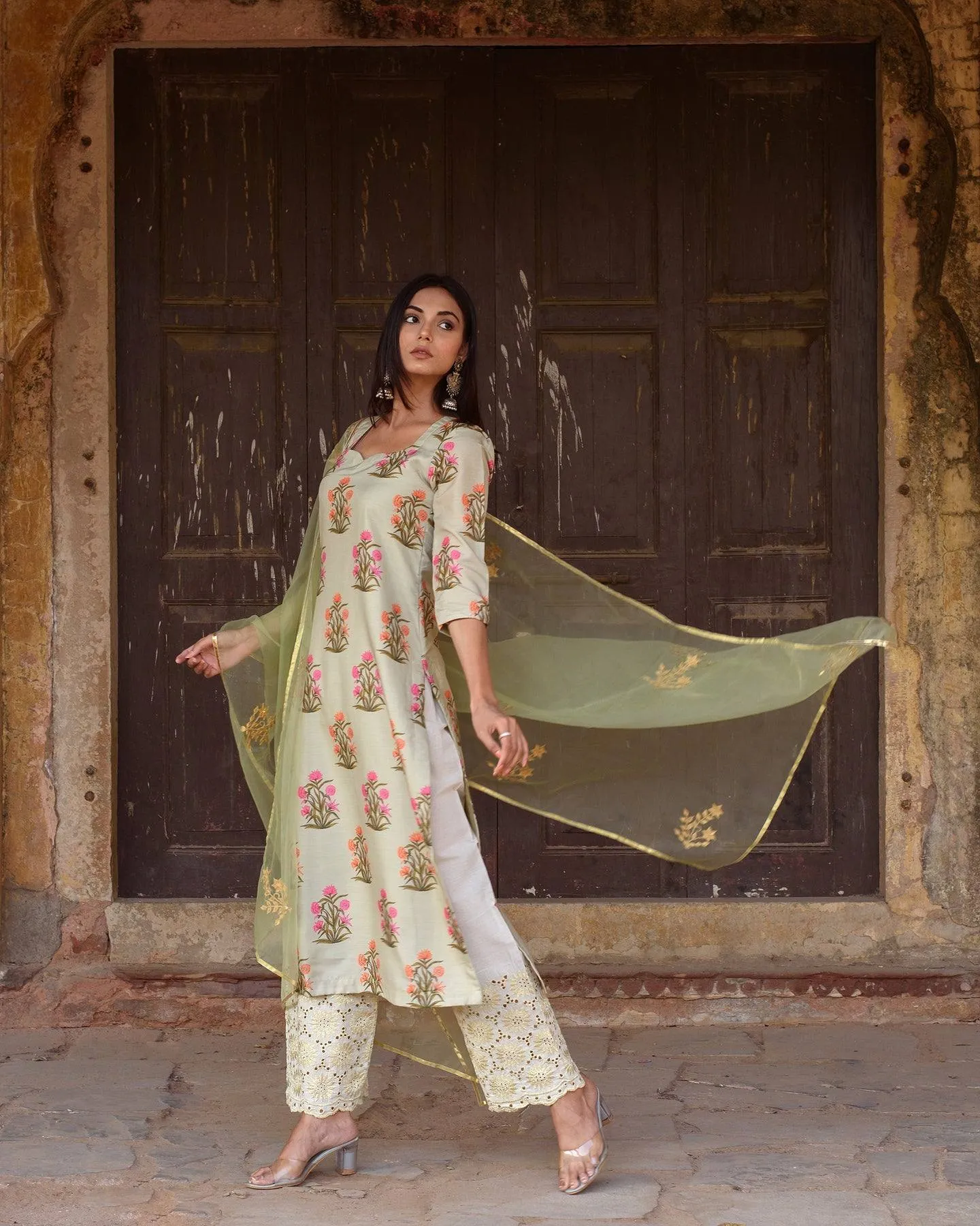 Pista Green Chanderi Printed Kurta Suit Set with Organza Dupatta