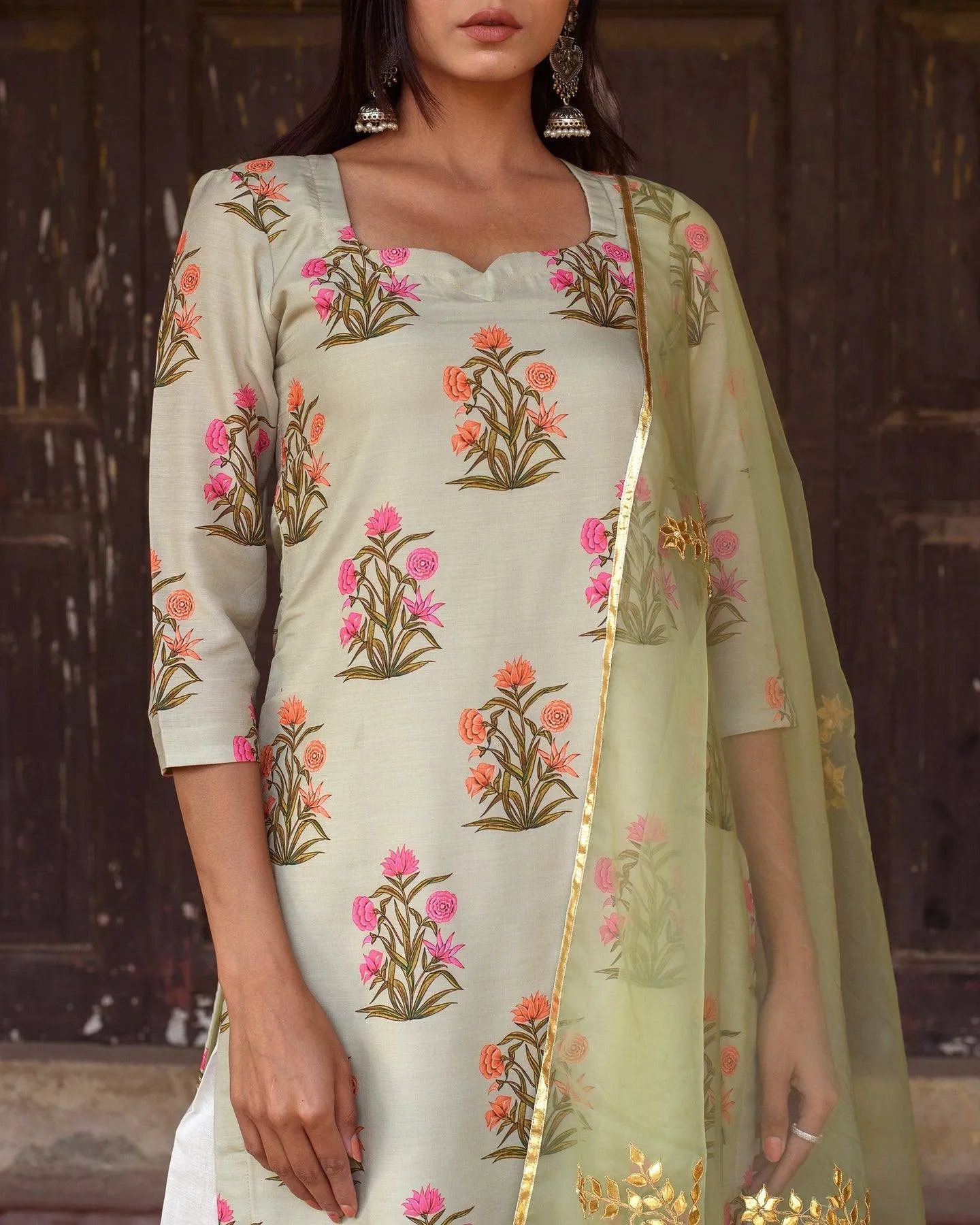 Pista Green Chanderi Printed Kurta Suit Set with Organza Dupatta