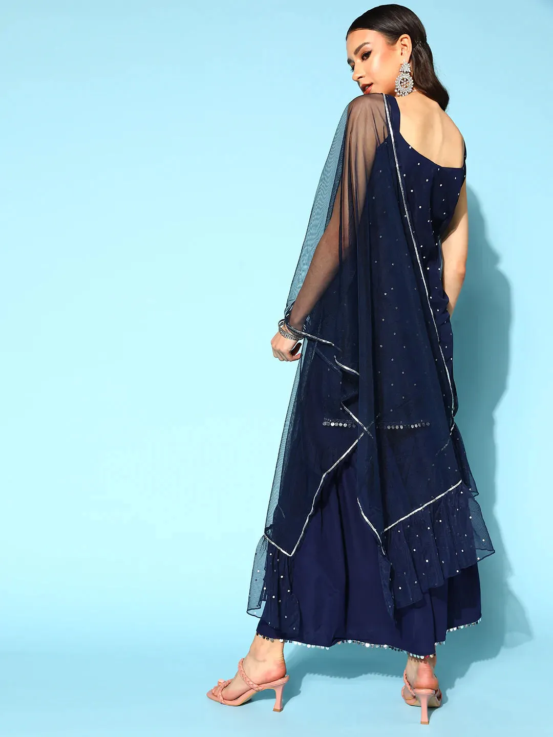 Poly Crepe Navy Blue Printed Kurta-Sharara Set with Net Dupatta