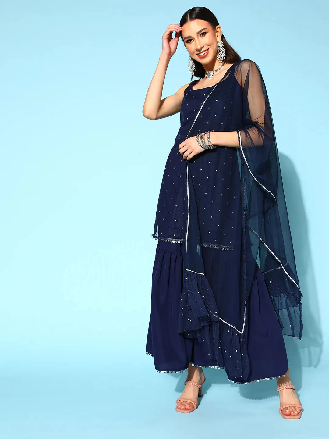 Poly Crepe Navy Blue Printed Kurta-Sharara Set with Net Dupatta
