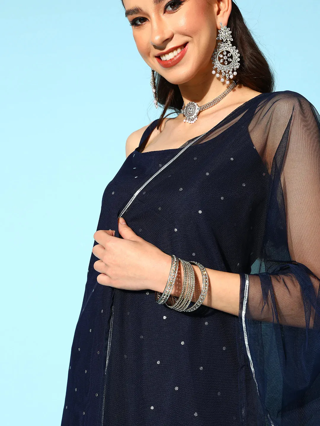 Poly Crepe Navy Blue Printed Kurta-Sharara Set with Net Dupatta