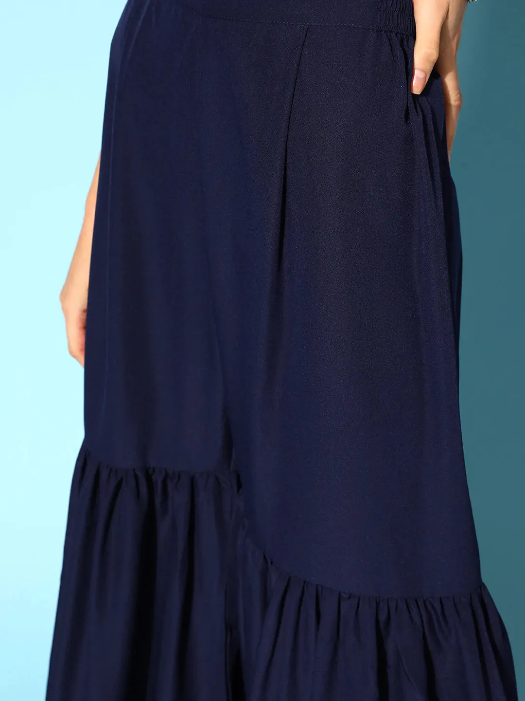 Poly Crepe Navy Blue Printed Kurta-Sharara Set with Net Dupatta