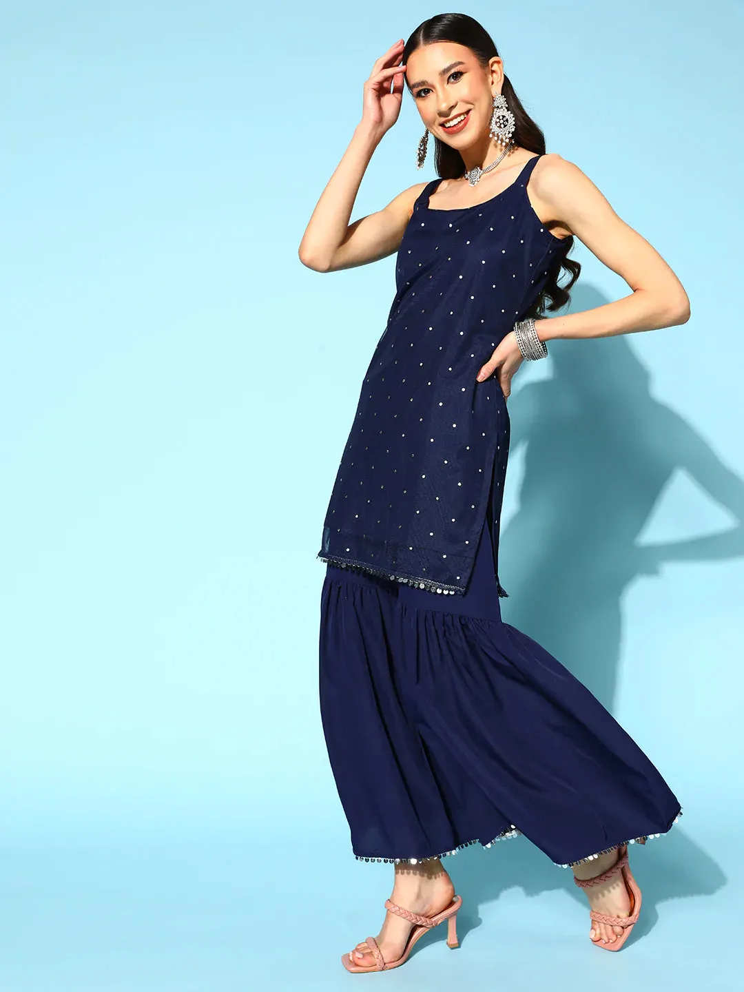 Poly Crepe Navy Blue Printed Kurta-Sharara Set with Net Dupatta