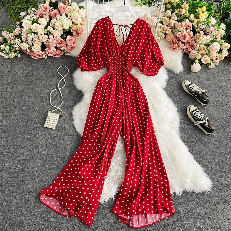 Retro V-Neck Pola Dot Rompers