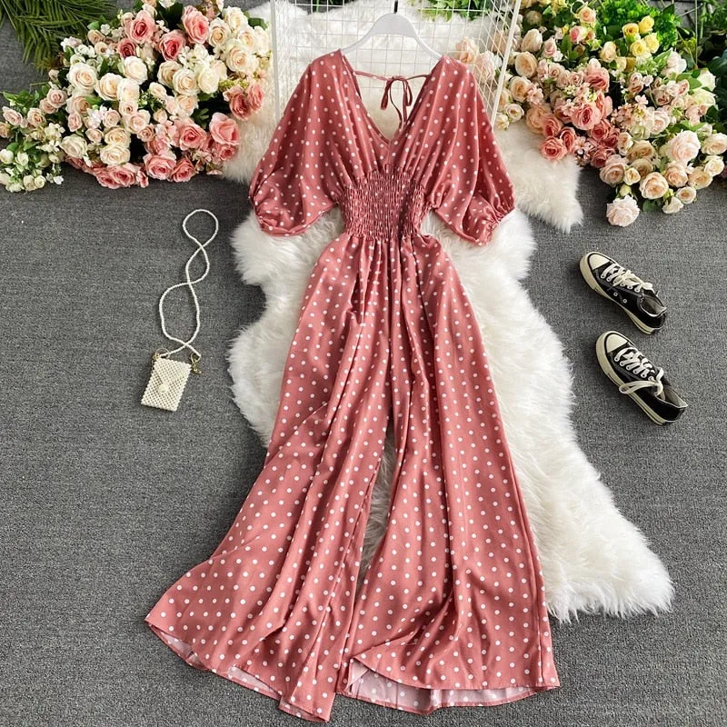 Retro V-Neck Pola Dot Rompers