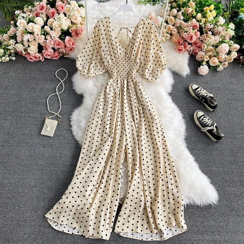 Retro V-Neck Pola Dot Rompers