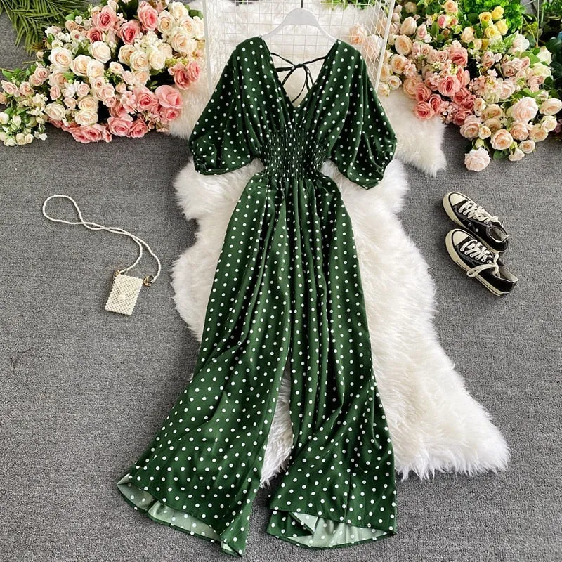 Retro V-Neck Pola Dot Rompers