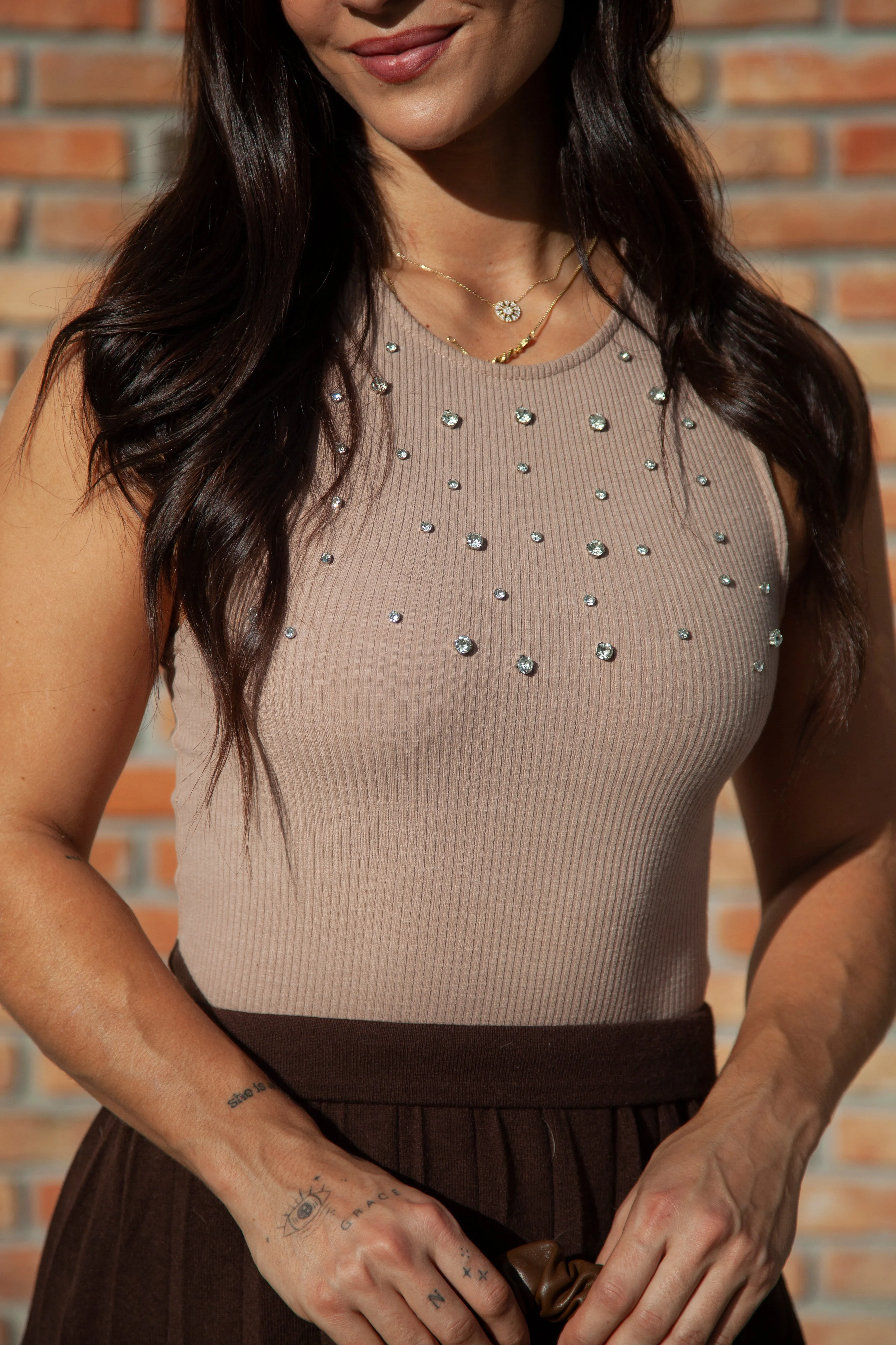 Rhinestone Rhapsody Sleeveless Bodysuit - Khaki