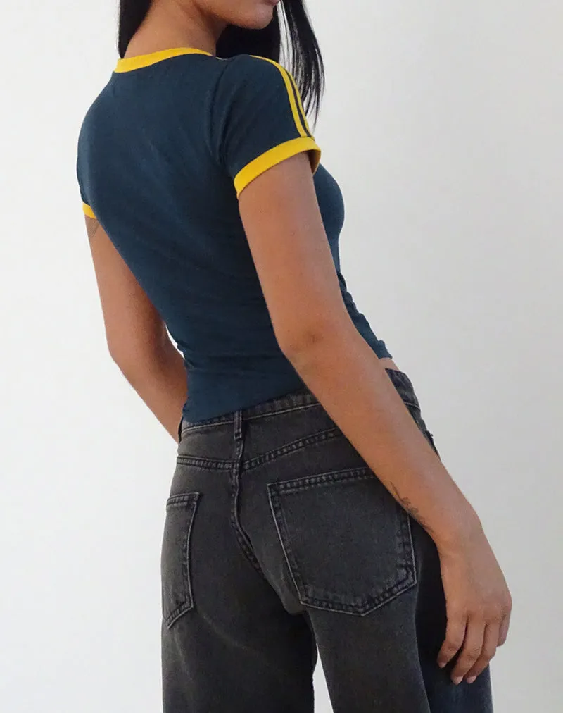 Salda Top in Navy with Mustard Binding and Bow Embroidery