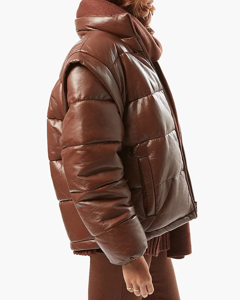 Snap Off Sleeve Matte Faux Leather Puffer Jacket Cacao