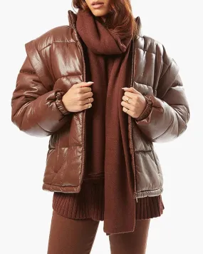 Snap Off Sleeve Matte Faux Leather Puffer Jacket Cacao