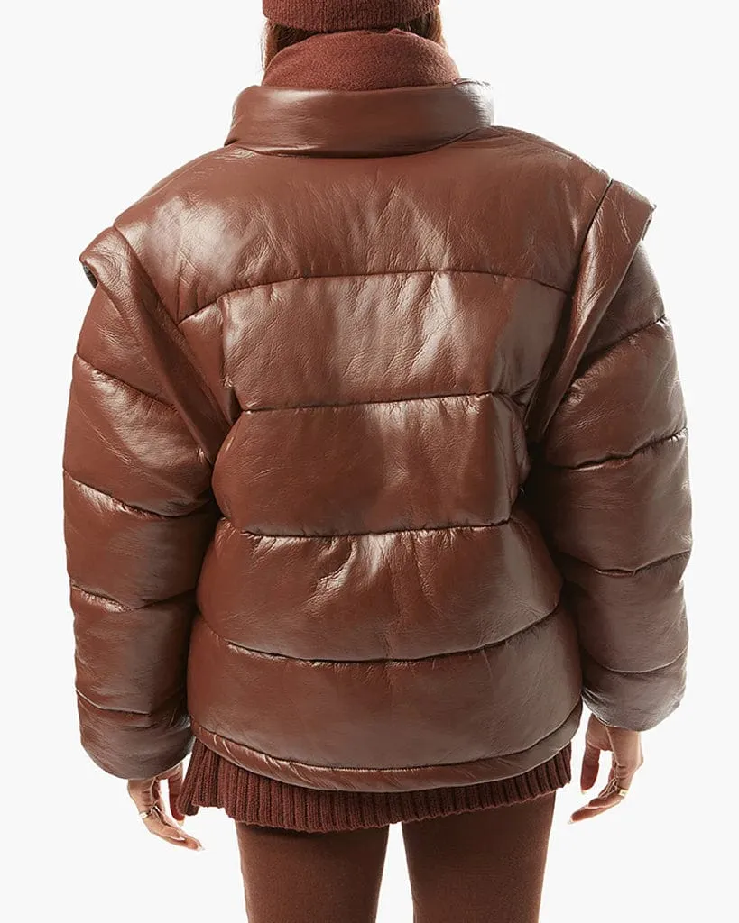 Snap Off Sleeve Matte Faux Leather Puffer Jacket Cacao