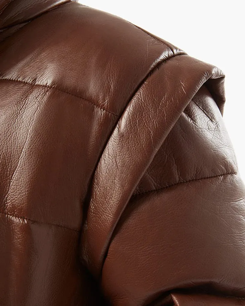 Snap Off Sleeve Matte Faux Leather Puffer Jacket Cacao