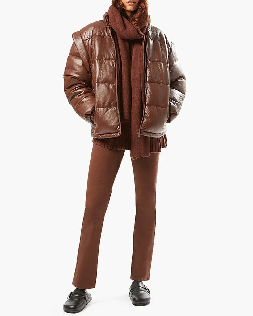 Snap Off Sleeve Matte Faux Leather Puffer Jacket Cacao