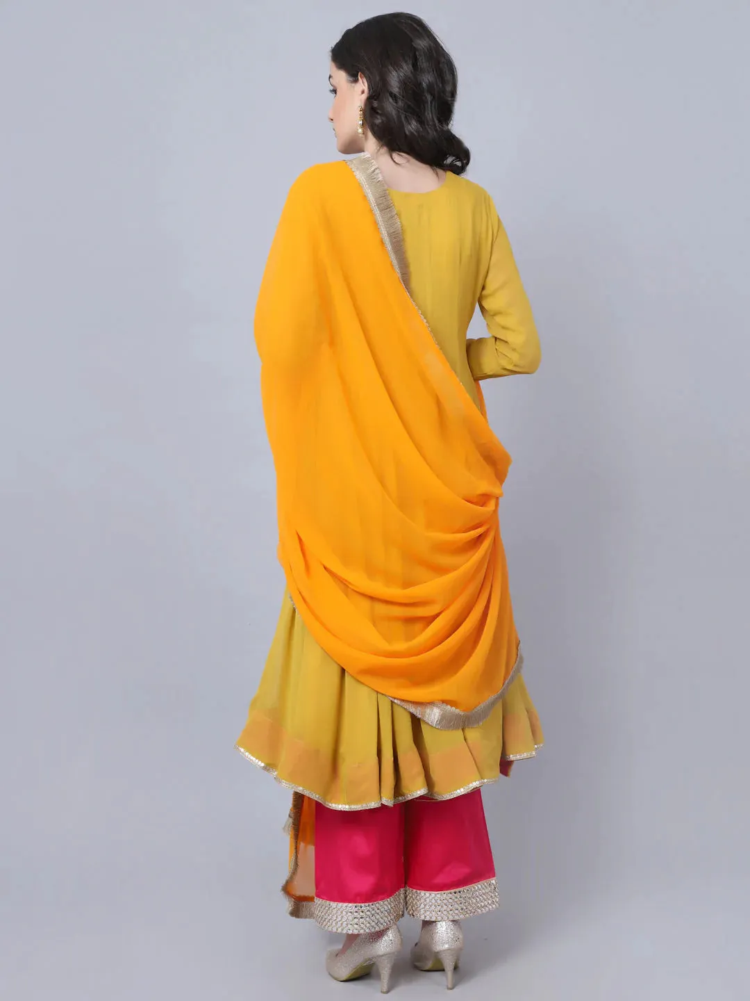 Solid Yellow & Pink Georgette Anarkali Suit Set with Dupatta