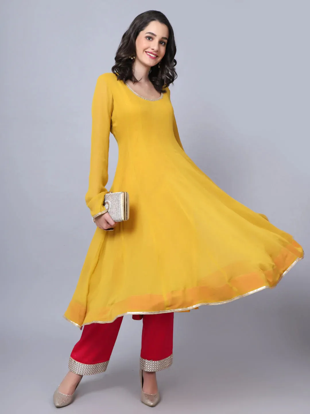 Solid Yellow & Pink Georgette Anarkali Suit Set with Dupatta
