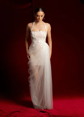 Straight neckline white tulle dress with 3D flower details midi dress for hire