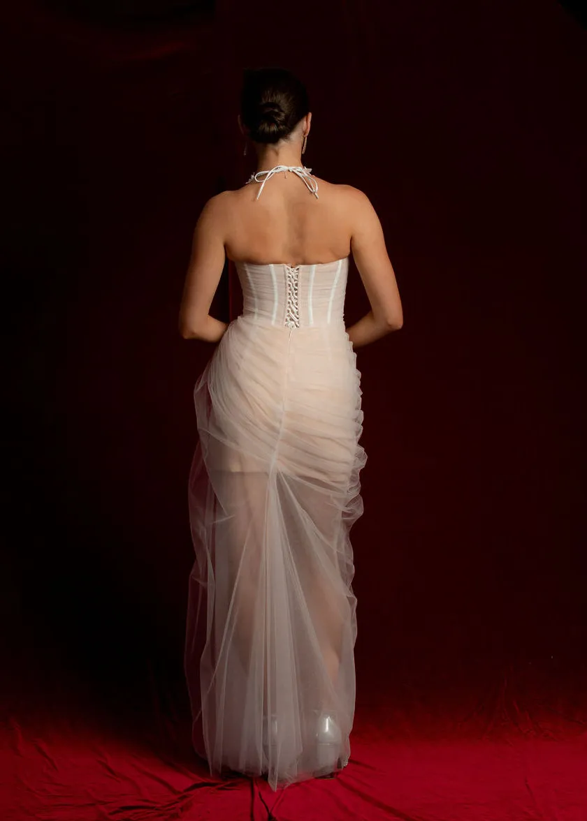 Straight neckline white tulle dress with 3D flower details midi dress for hire