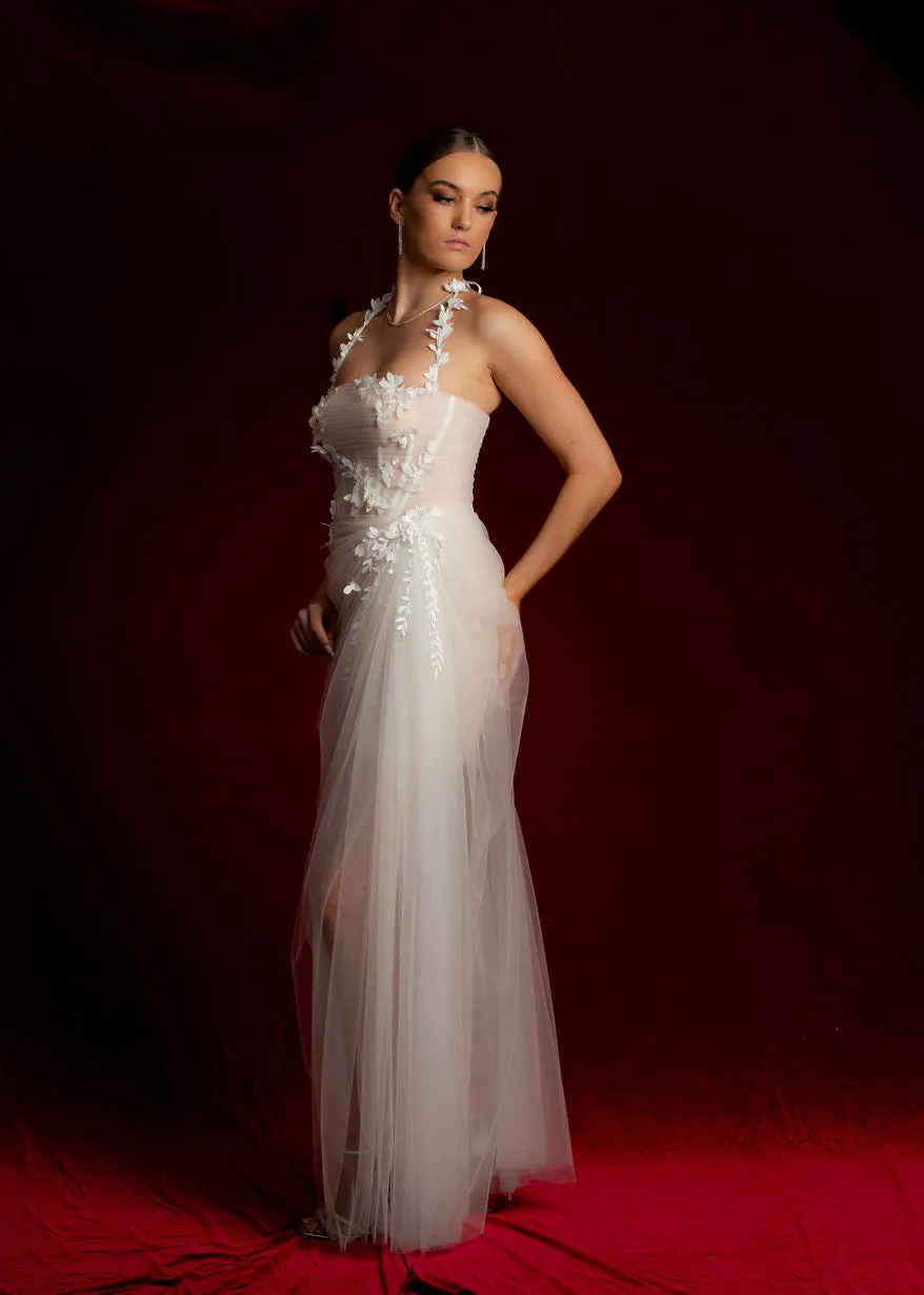 Straight neckline white tulle dress with 3D flower details midi dress for hire