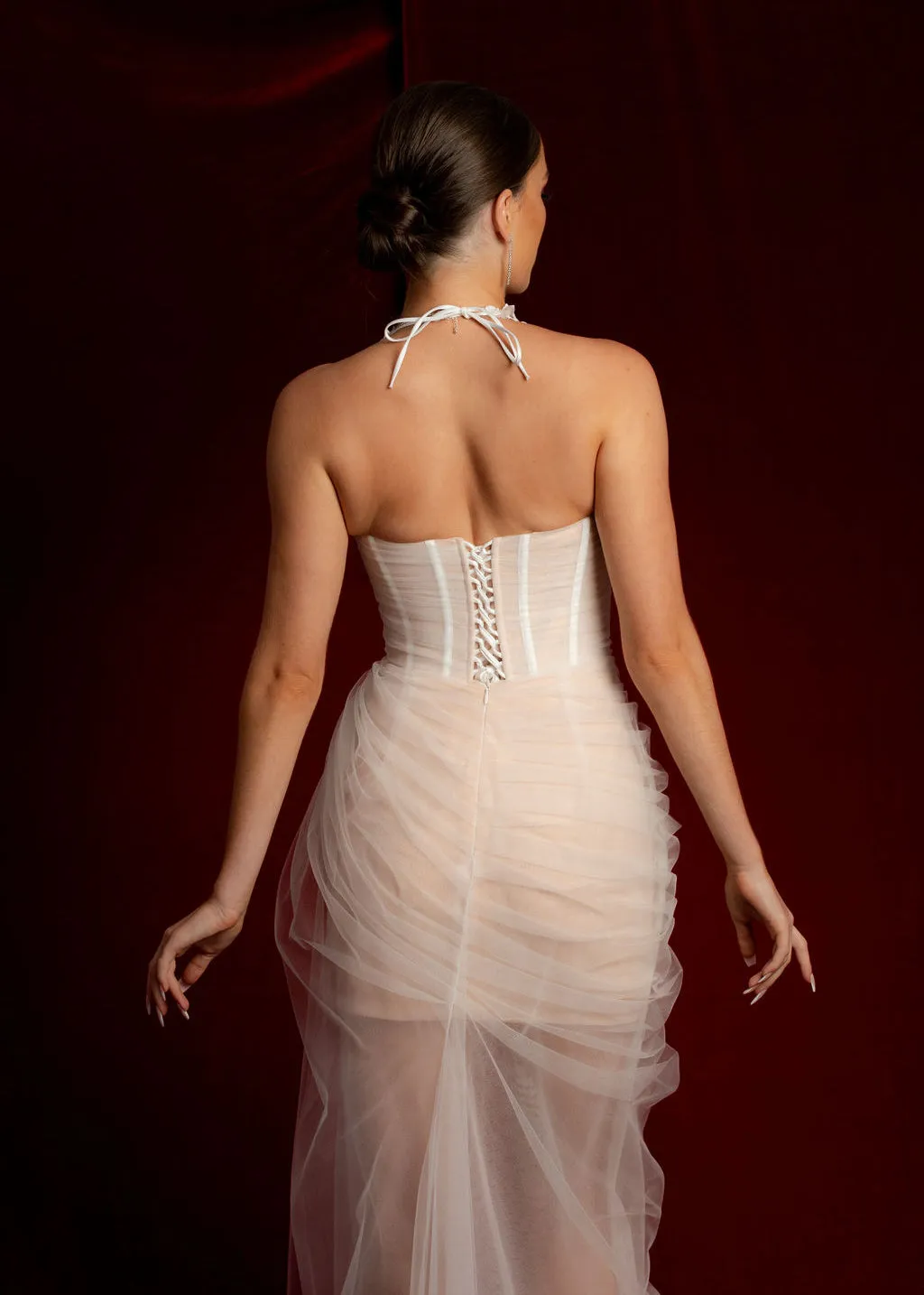 Straight neckline white tulle dress with 3D flower details midi dress for hire
