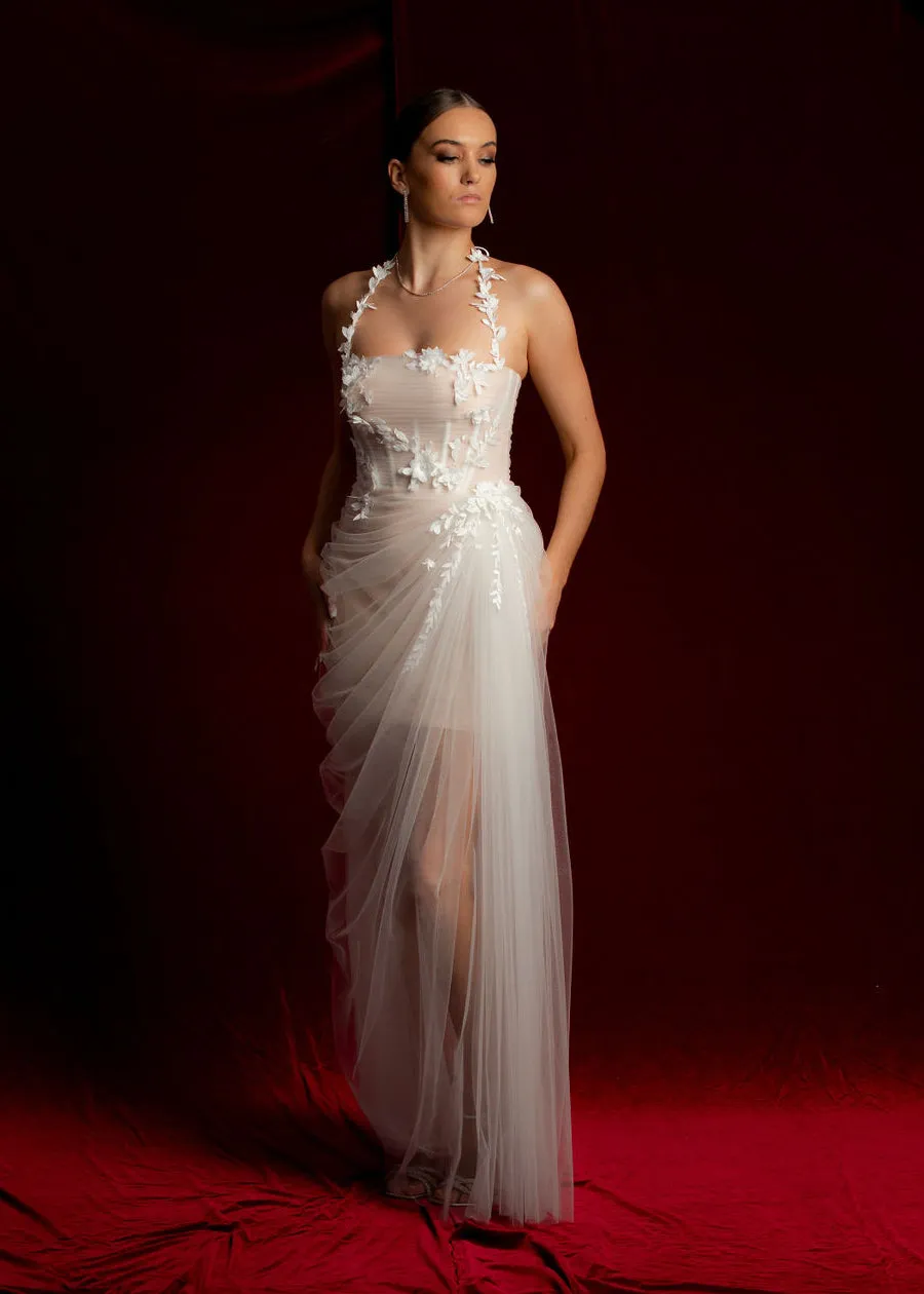 Straight neckline white tulle dress with 3D flower details midi dress for hire