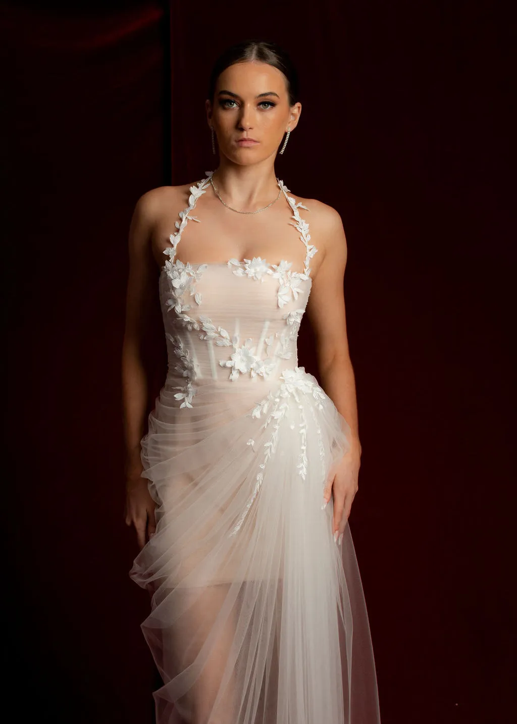 Straight neckline white tulle dress with 3D flower details midi dress for hire