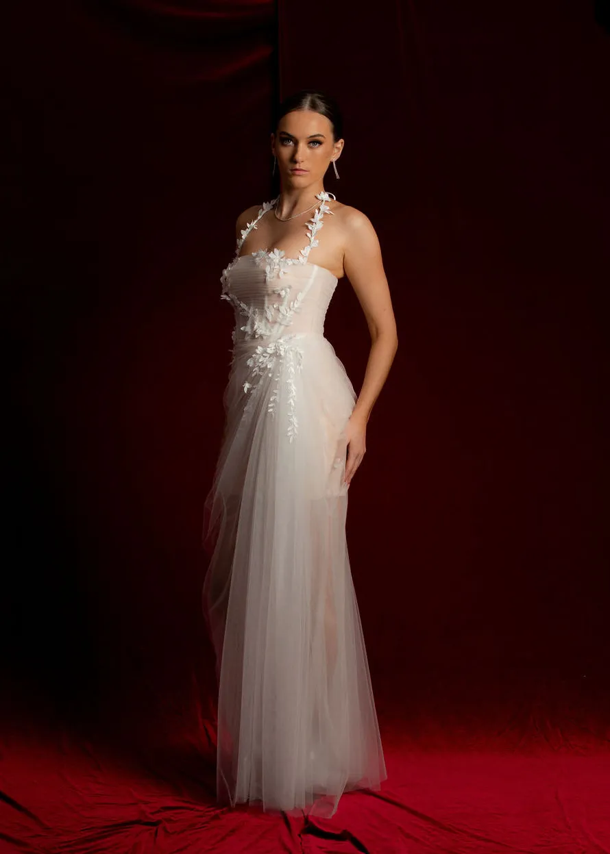 Straight neckline white tulle dress with 3D flower details midi dress for hire