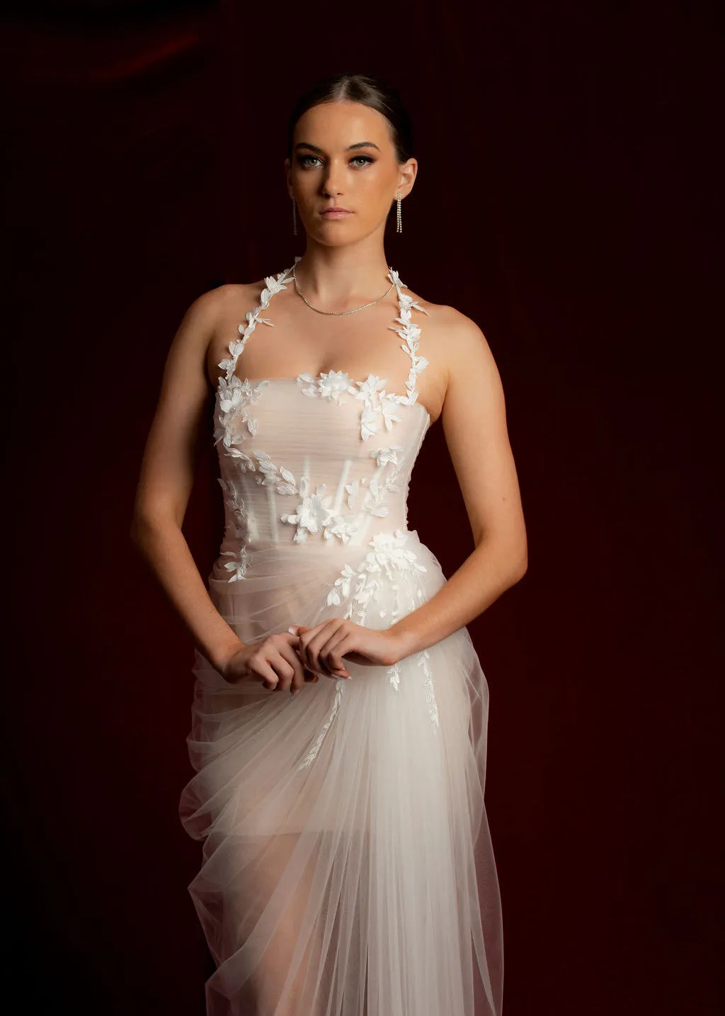 Straight neckline white tulle dress with 3D flower details midi dress for hire