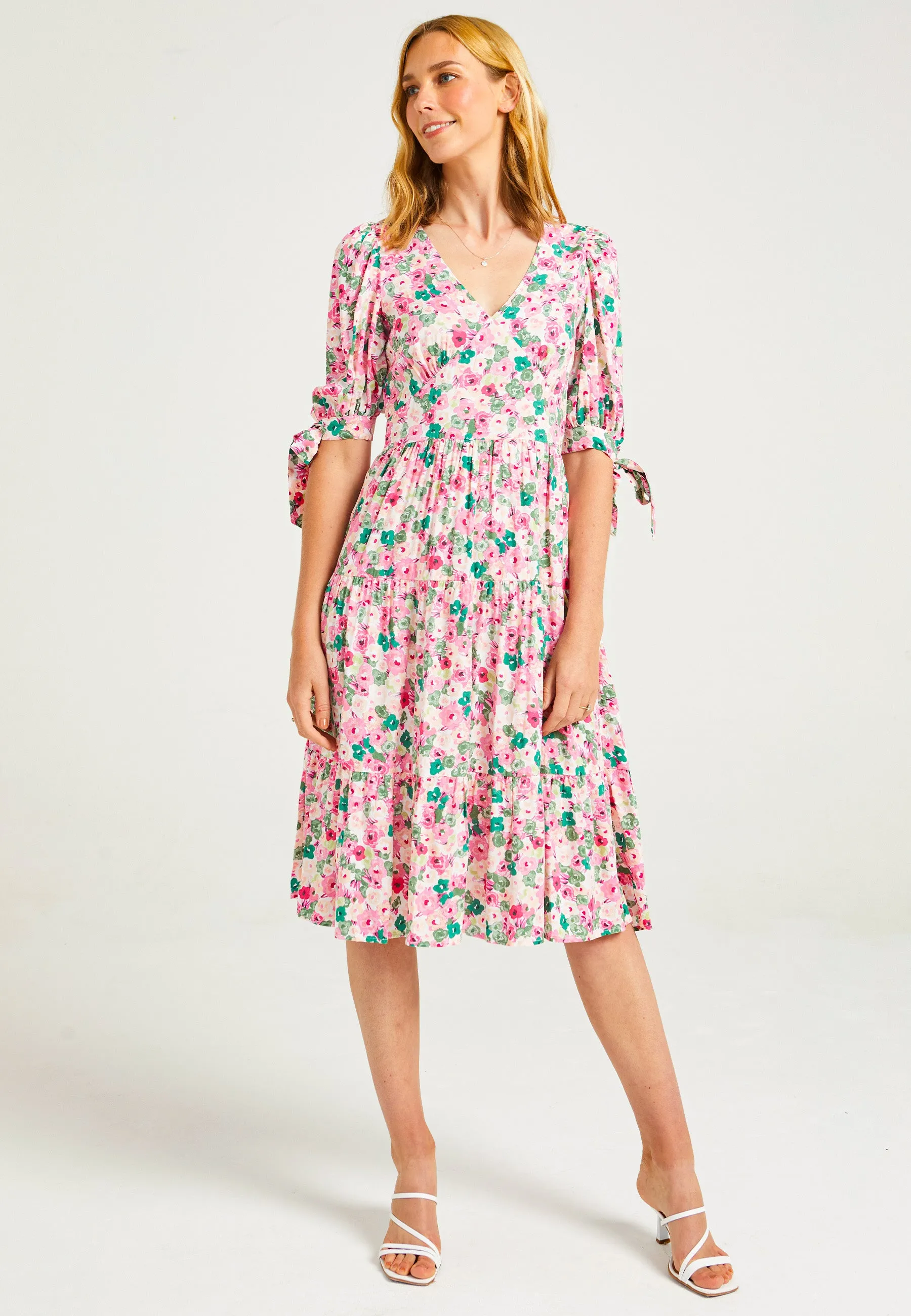 Tiered Floral Midi Dress in Pink