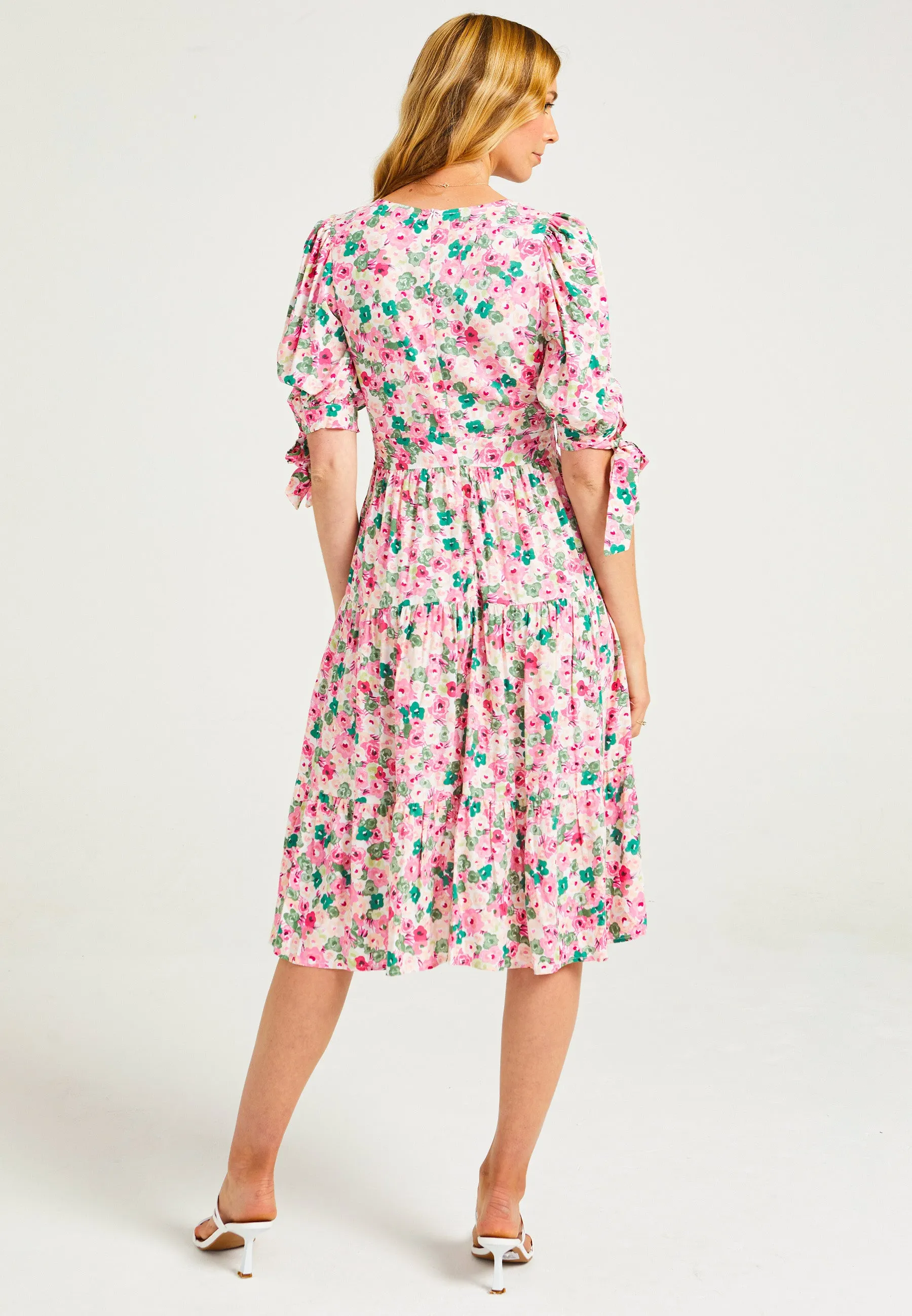 Tiered Floral Midi Dress in Pink