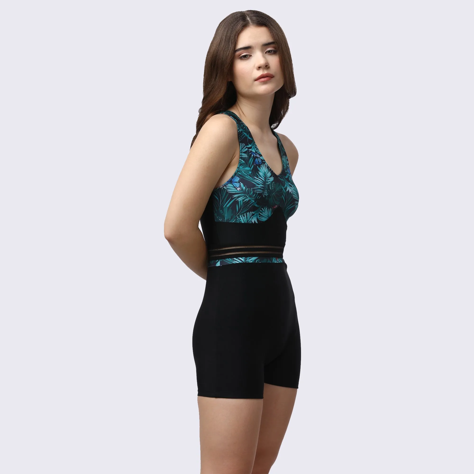 Tropical Print Mid Thigh Length Crossover Strapped Back Swimsuit-AQS-19