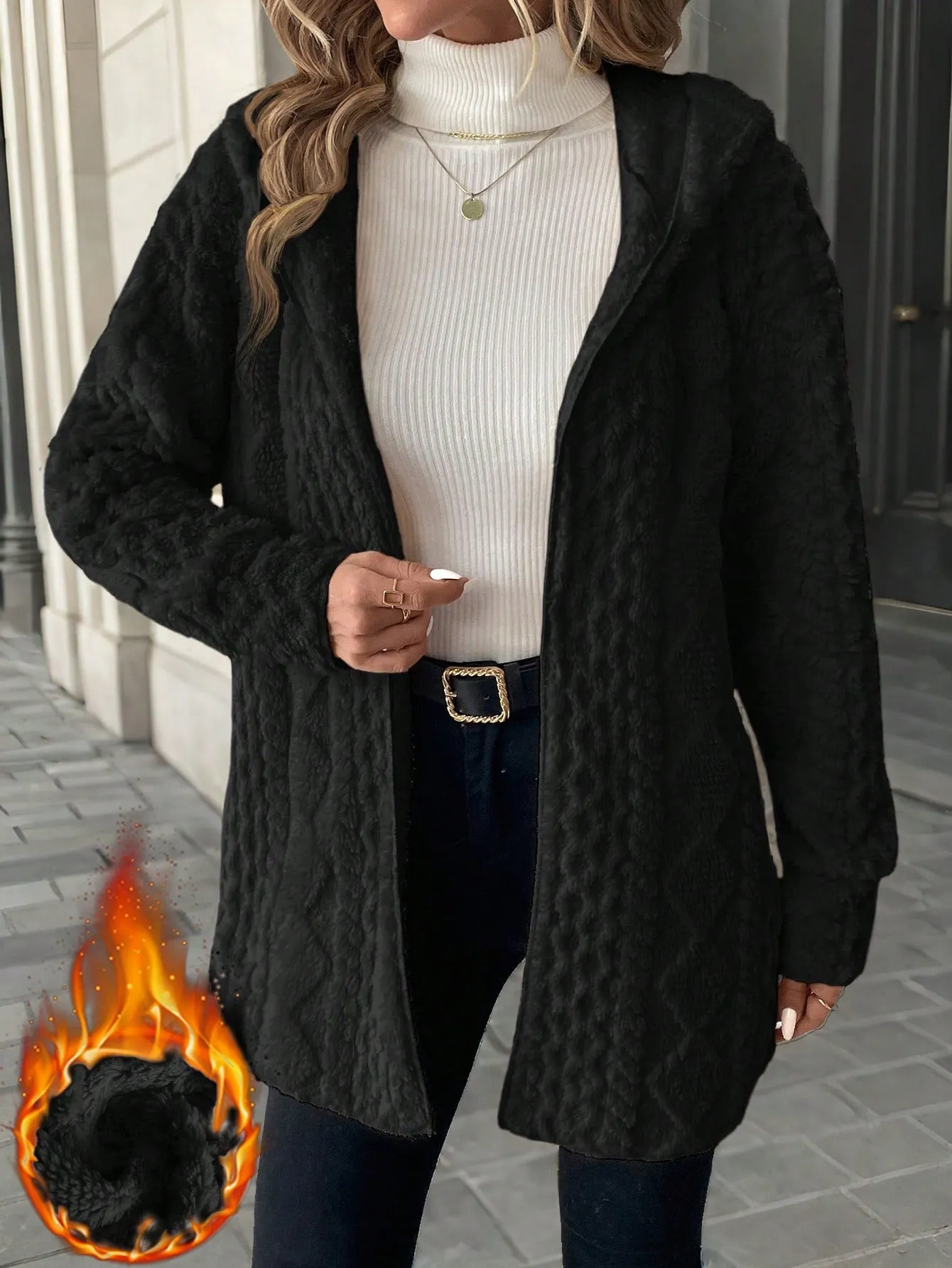 Women Hooded Textured Fleece Jacket, Casual Minimalist Style