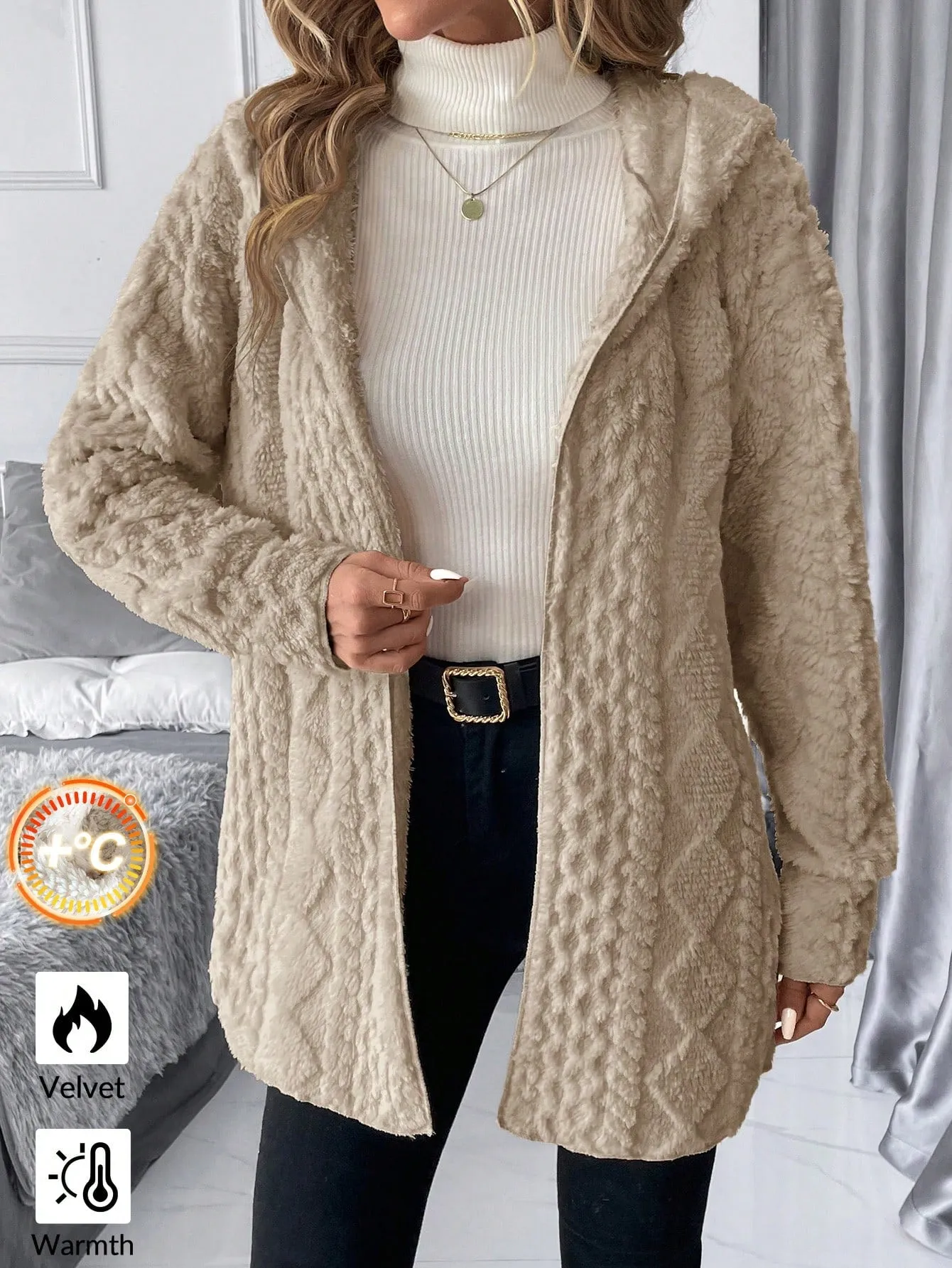 Women Hooded Textured Fleece Jacket, Casual Minimalist Style