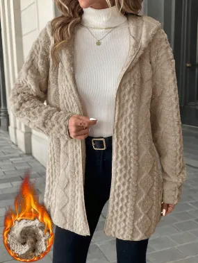 Women Hooded Textured Fleece Jacket, Casual Minimalist Style