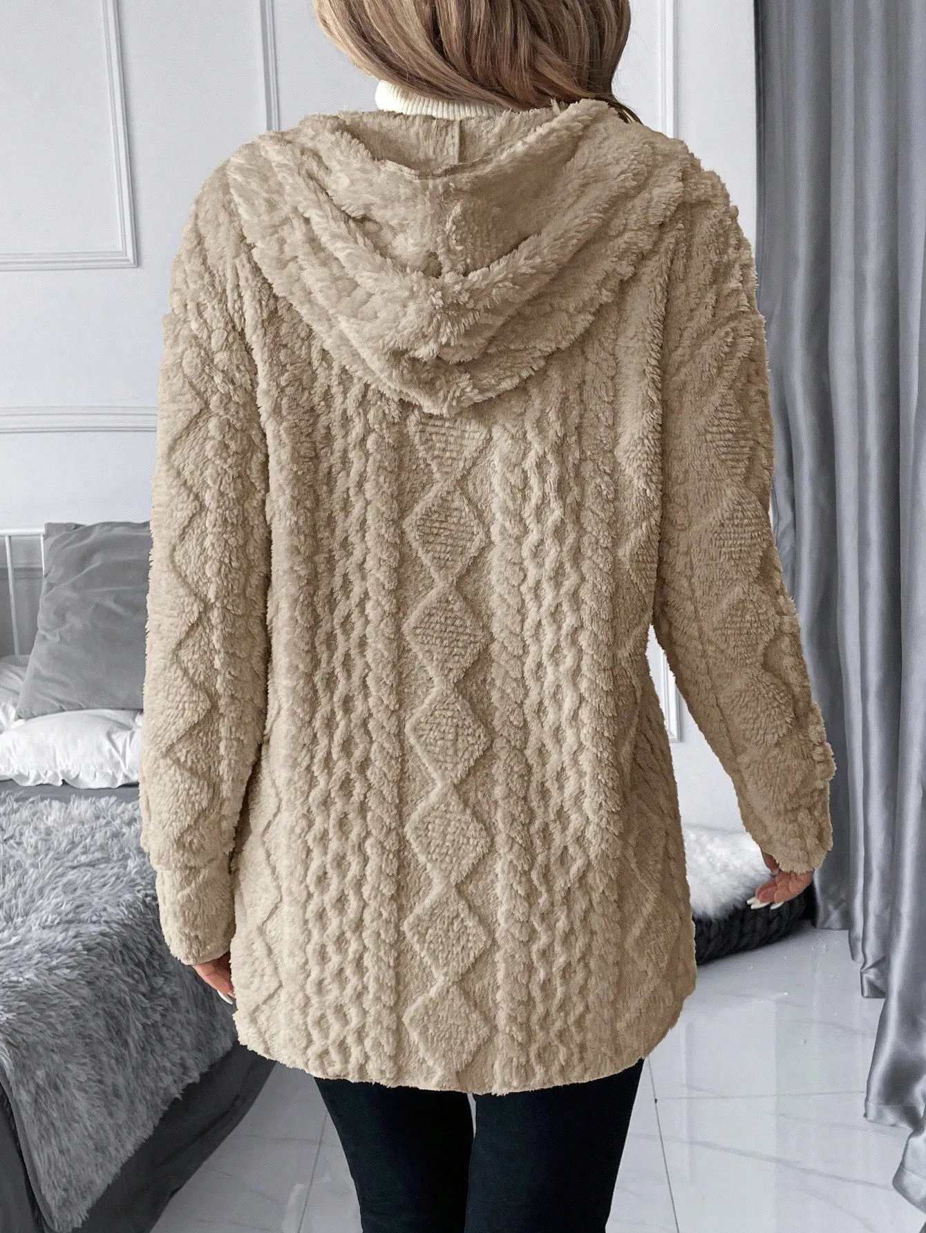 Women Hooded Textured Fleece Jacket, Casual Minimalist Style