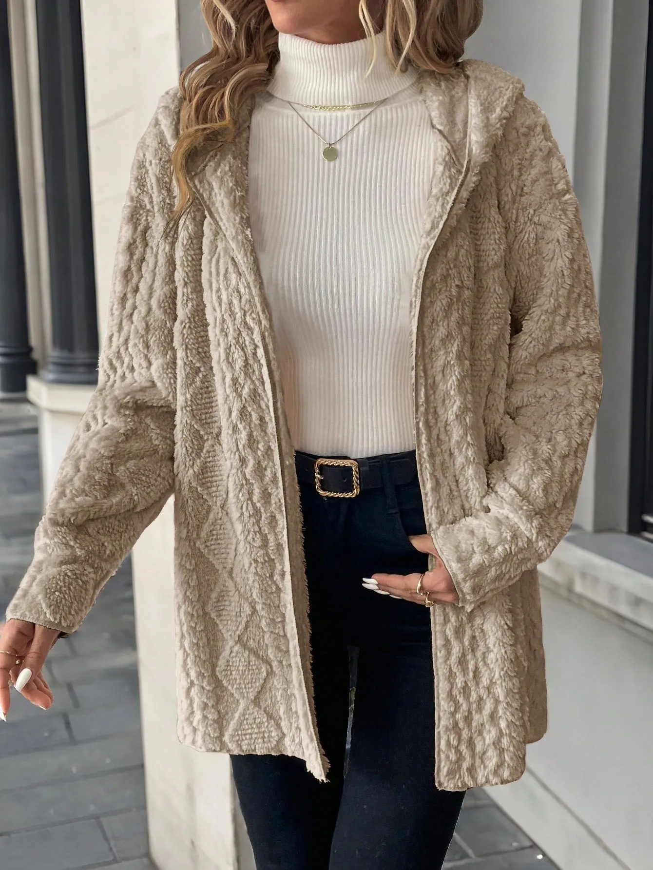 Women Hooded Textured Fleece Jacket, Casual Minimalist Style