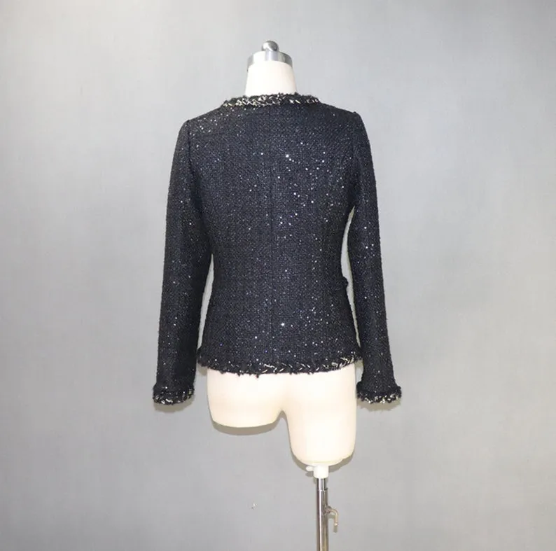 Women's Designer Inspired CUSTOM MADE Sequined & Golden Thread Tweed Jacket Coat Blazer