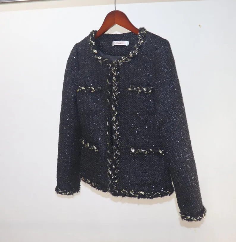 Women's Designer Inspired CUSTOM MADE Sequined & Golden Thread Tweed Jacket Coat Blazer