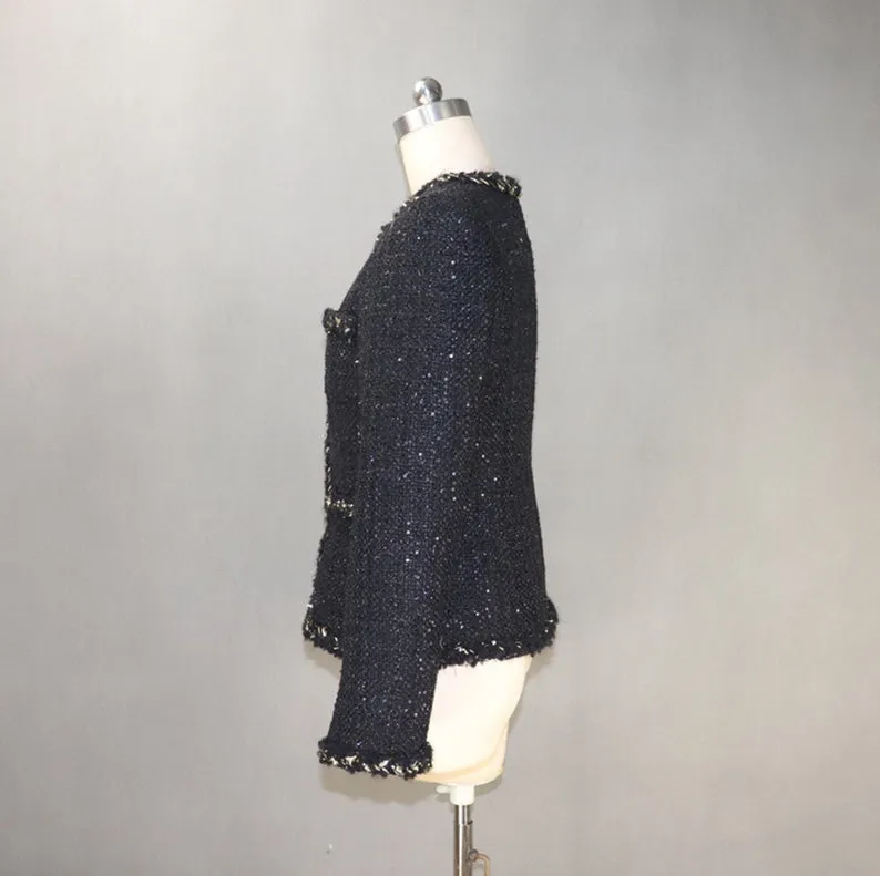 Women's Designer Inspired CUSTOM MADE Sequined & Golden Thread Tweed Jacket Coat Blazer